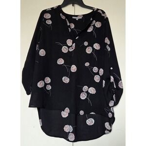 DANIEL RAINN Black Floral Print Top With V-neck/Roll-up Sleeves Size XXL ~EUC ~